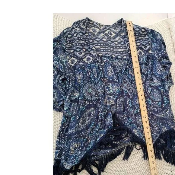 Hollister Blue Paisley Fringe Kimono Cardigan Open Front Boho Top Small - Picture 5 of 7